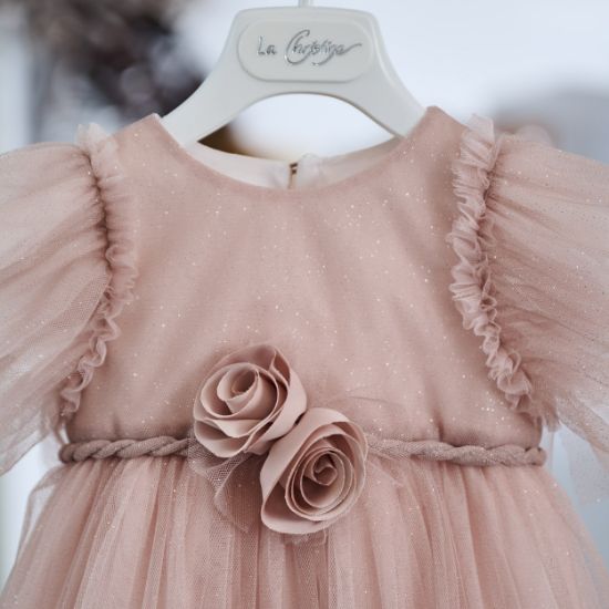 βαπτιστικό φόρεμα από τούλι με γκλίτερ σε σάπιο μήλο