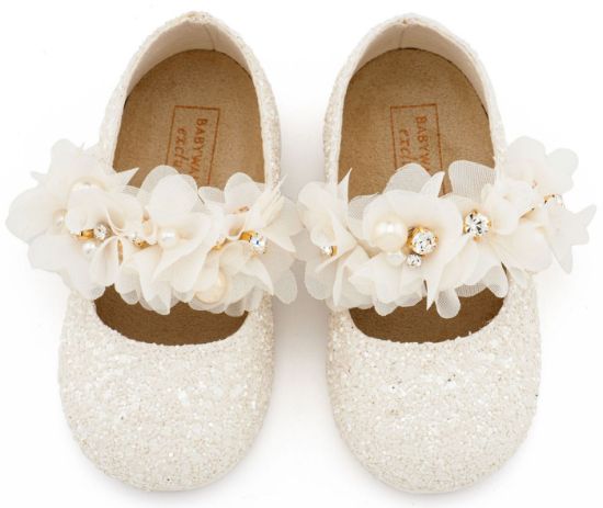 Εικόνα της Γοβάκι Μονή Μπαρέτα Στρας με Λουλούδια Πέρλες και Κρύσταλα Swarovski  LU6118 Εκρού