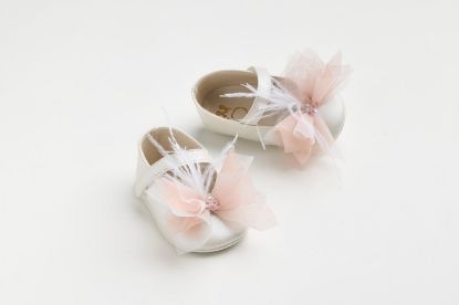 Εικόνα της K617E - Μπαλαρίνα αγκαλιάς σε εκρού τεχνόδερμα με χειροποίητο διακοσμητικό από λευκό γκλιτερ - dusty pink τούλι και φτερά