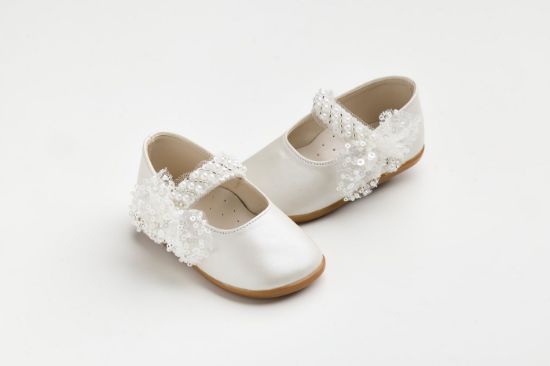 Εικόνα της K626E - Μπαλαρίνα για τα πρώτα βήματα σε εκρού τεχνόδερμα με πέρλες και παγιέτες