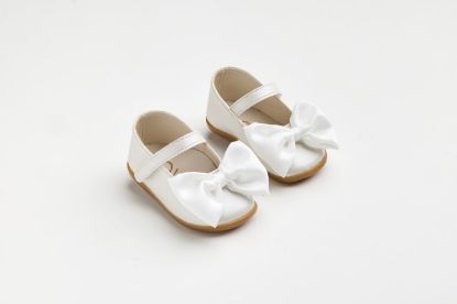 Εικόνα της K628E - Μπαλαρίνα για τα πρώτα βήματα σε εκρού τεχνόδερμα με εκρού σατέν χειροποίητο φιόγκο