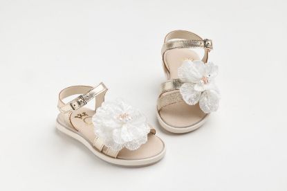 Εικόνα της K643X - Σανδάλι περπατήματος σε χρυσό δέρμα και χρυσό γκλιτερ με λουλούδι κεντημένο με παγιέτες