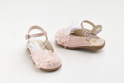 Εικόνα της K672P - Μπαλαρίνα περπατήματος mule σε dusty pink δέρμα και ροζ ύφασμα με μοτίβο χειροποίητο λουλούδι και φτερά