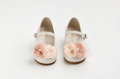 Εικόνα της K6117E - Μπαλαρίνα περπατήματος σε εκρού δέρμα με σομόν, σάπιο μήλο χειροποίητο διακοσμητικό και γκλιτερ τούλι