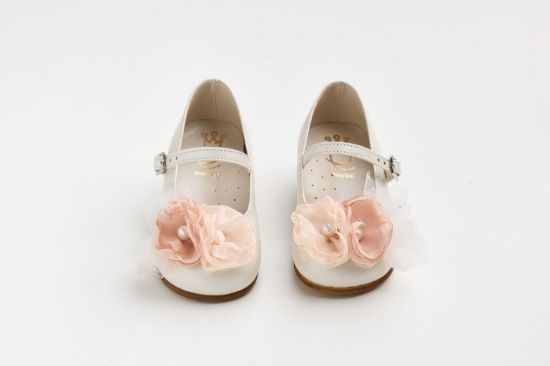 Εικόνα της K6117E - Μπαλαρίνα περπατήματος σε εκρού δέρμα με σομόν, σάπιο μήλο χειροποίητο διακοσμητικό και γκλιτερ τούλι