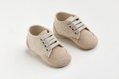 Εικόνα της A605E - παπουτσάκι αγκαλιάς σε μπεζ καστόρ δέρμα και μπεζ ύφασμα με μοτίβο