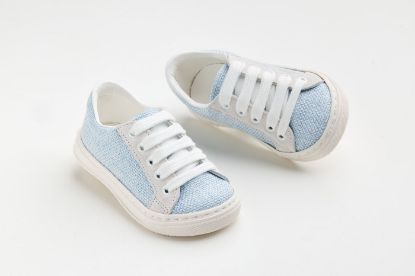 Εικόνα της A627P - παπουτσάκι περπατήματος σε γαλάζιο ύφασμα και λευκό καστόρ δέρμα