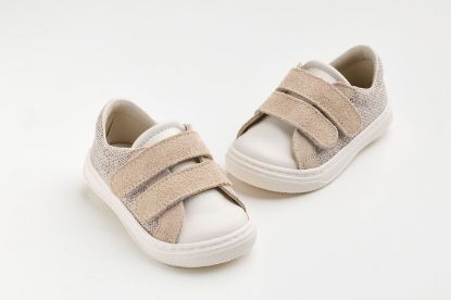 Εικόνα της A628E - παπουτσάκι περπατήματος σε μπεζ ύφασμα, μπεζ καστορ και λευκό δέρμα