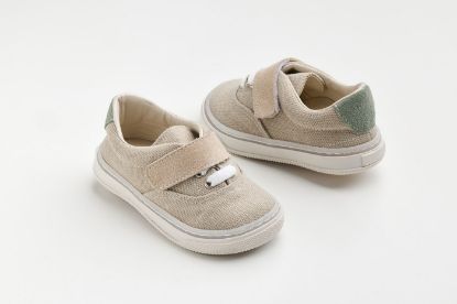 Εικόνα της A630E - παπουτσάκι περπατήματος σε μπεζ ύφασμα, μέντα και μπεζ καστόρ δέρμα και κλείσιμο με ελαστικό κορδόνι και Velcro