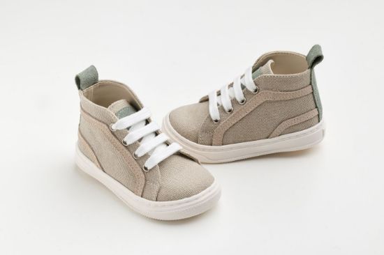 Εικόνα της A633E - μποτάκι περπατήματος σε μπεζ ύφασμα και λεπτομέρεια από μπεζ και μέντα καστόρ δέρμα