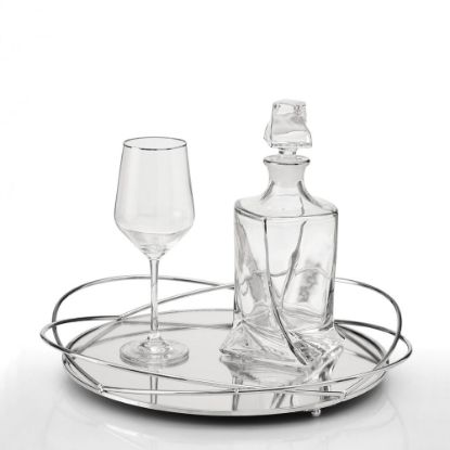Minimal σετ κουμπάρου με ασημί δίσκο καθρέπτη, στριφτή κρυστάλλινη καράφα και ποτήρι