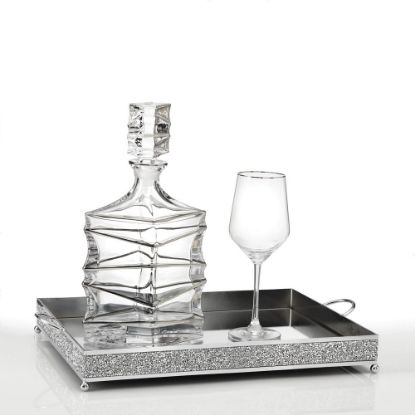 Σετ κουμπάρου με στρας ασημί δίσκο καθρέπτη, κρυστάλλινη καράφα και ποτήρι κρασιού